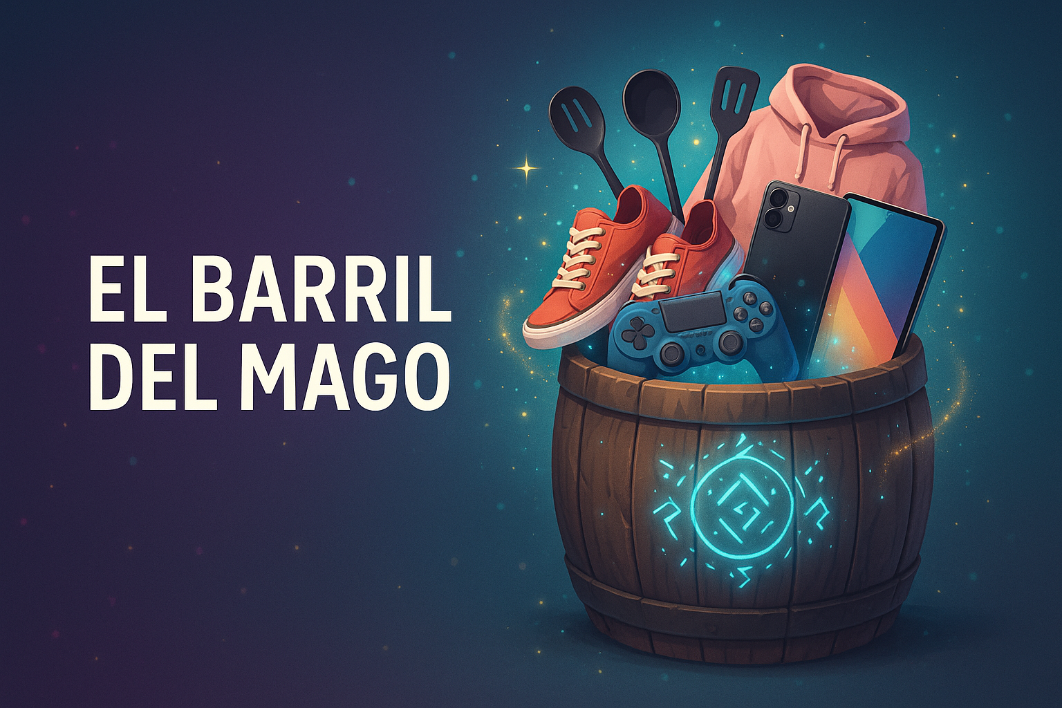 crea una imagen de para la pagina de shopify de una tienda que vende de todo tipo de artefactos de juego cocina, entretencion ropa tecnología y otros y se llama el barril del mago, es la imagen que va a ir en la primera pagina, tiene que ser algo en tendencia
